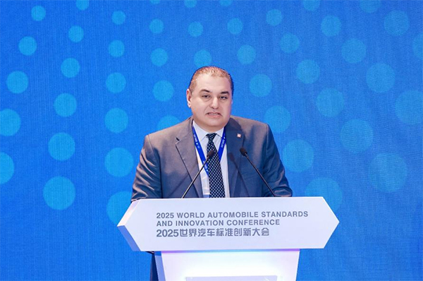 Khaled Soufi, president-elect of International Organization for Standardization (ISO), gives a speech during the conference.