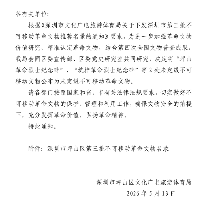 坪山区文化广电旅游体育局关于核定公布第三批不可移动革命文物名录的通知.png