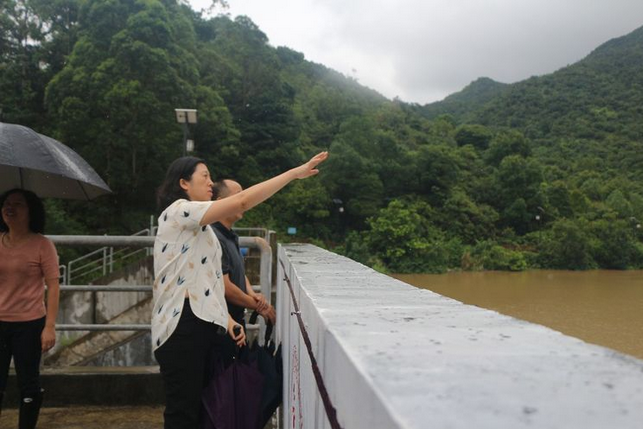 坪山区石井街道办事处领导孙艳琼冒雨检查头陂水库排洪泄洪工作